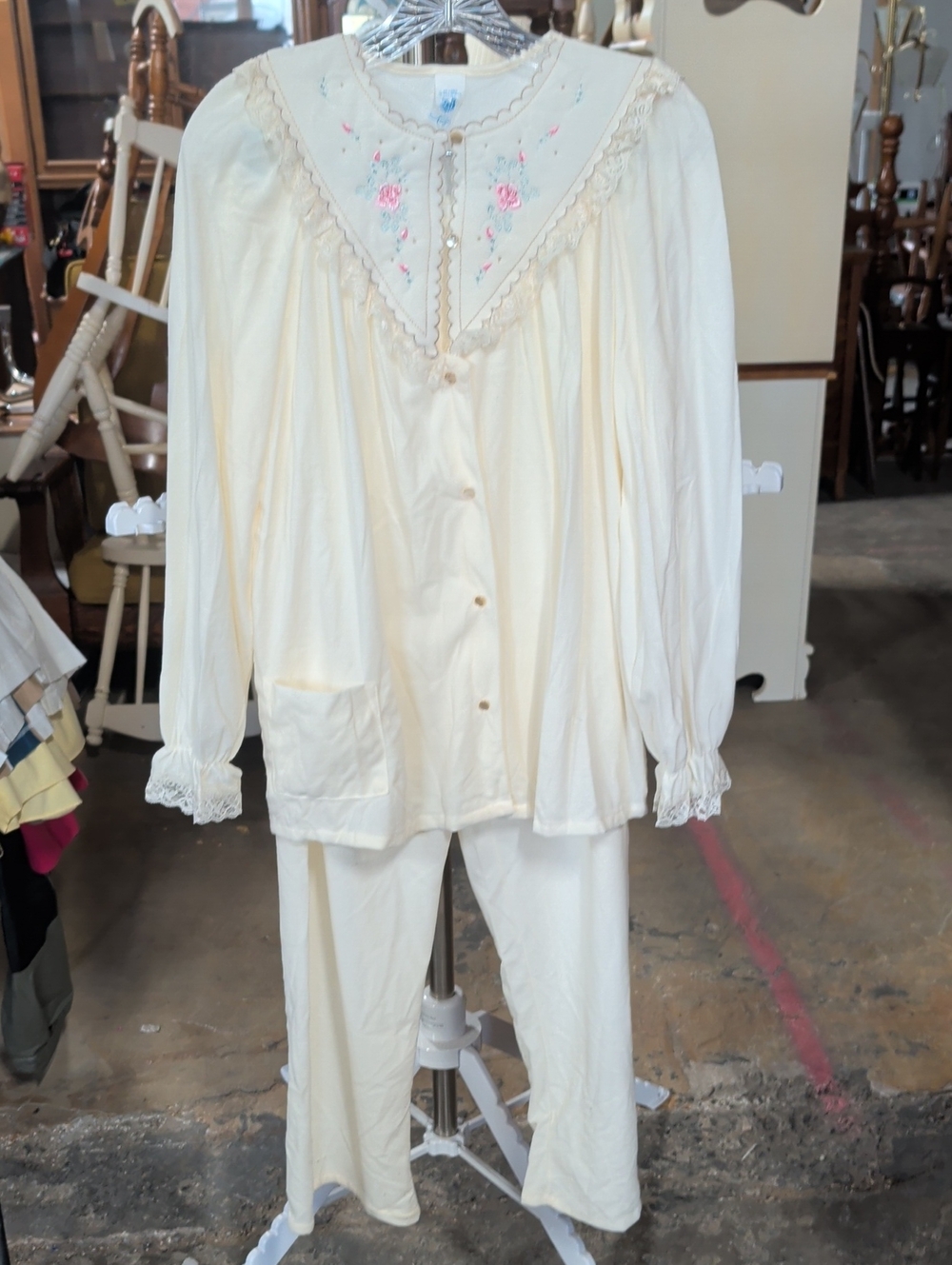 Pristine 70s Katz Winter Fleece Nylon 2pc Pajama Set Size M Embroidered